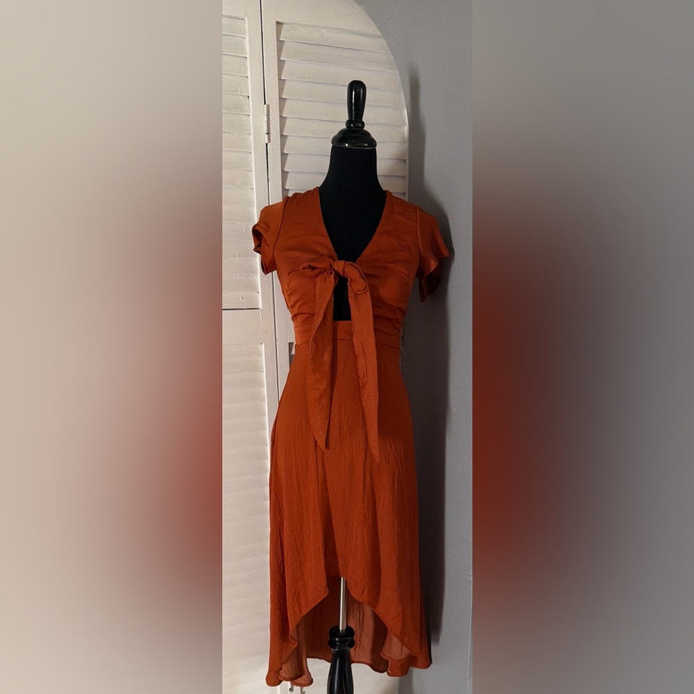 Blue Rain Rust Tie-Front High-Low Midi Dress